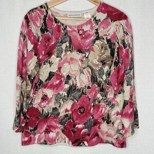Alfred Dunner Floral 3/4 Sleeve‎ Womens PXL Pink Sequins Accents Sparkly